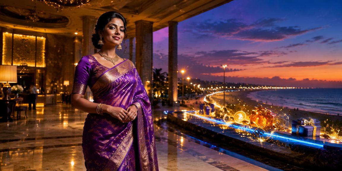 Woman playing online lottery with mobile phone and colorful lights